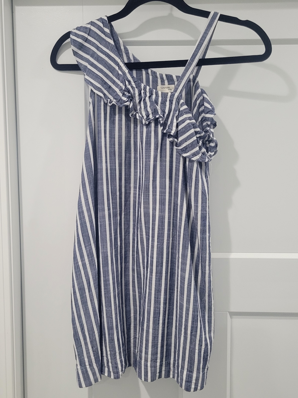 Girls Blue & White One-Shoulder Ruffle Stripe Dress Coastal Summer - Picture 1 of 11